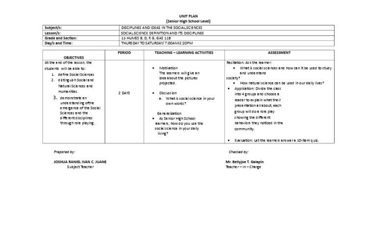 Social Science Unit Plan for Grade 11 | PDF | Social Science | Learning