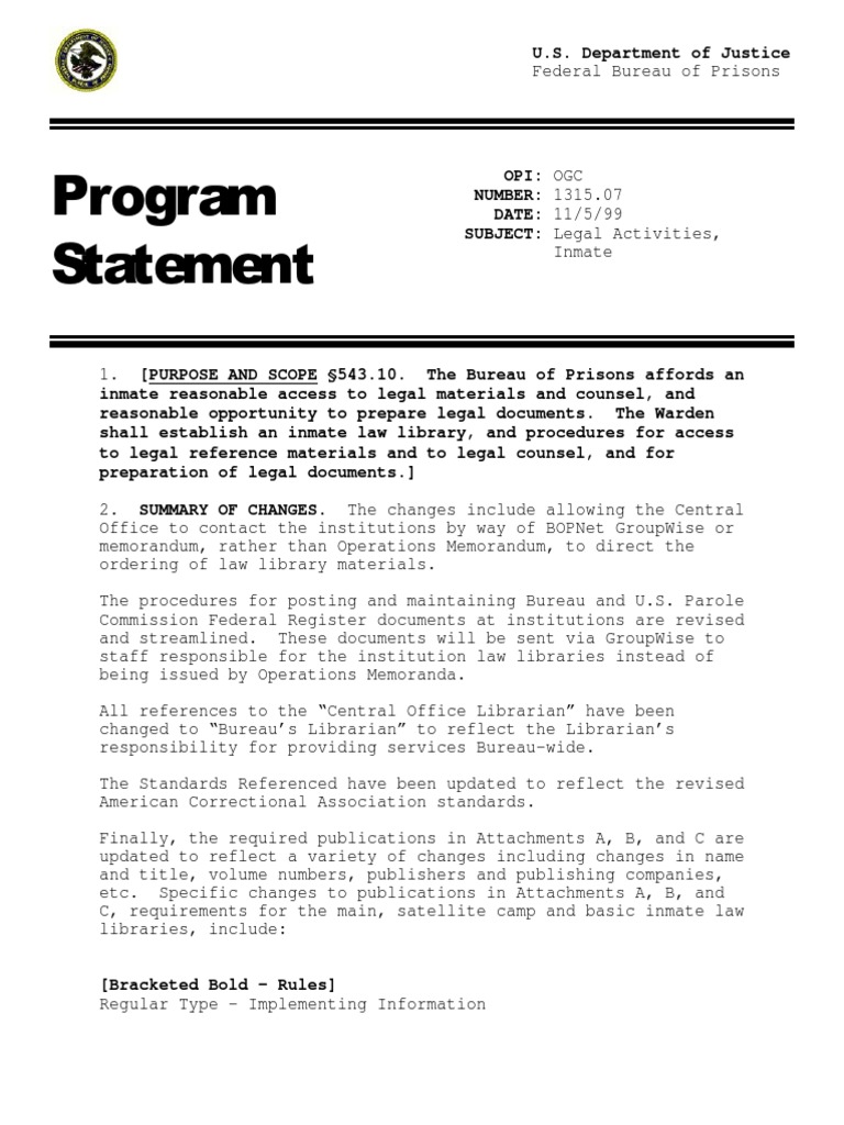 Inmate Legal Activities Program Guide | PDF | Paralegal | Federal Register