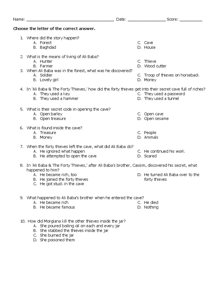 Alibaba And 40 Thieves Quiz Pdf
