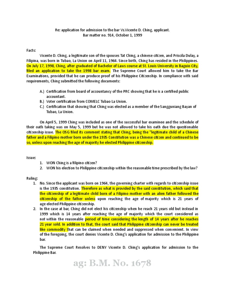 Application For Admission To The Philippines Bar Vicente Ching (Til ...