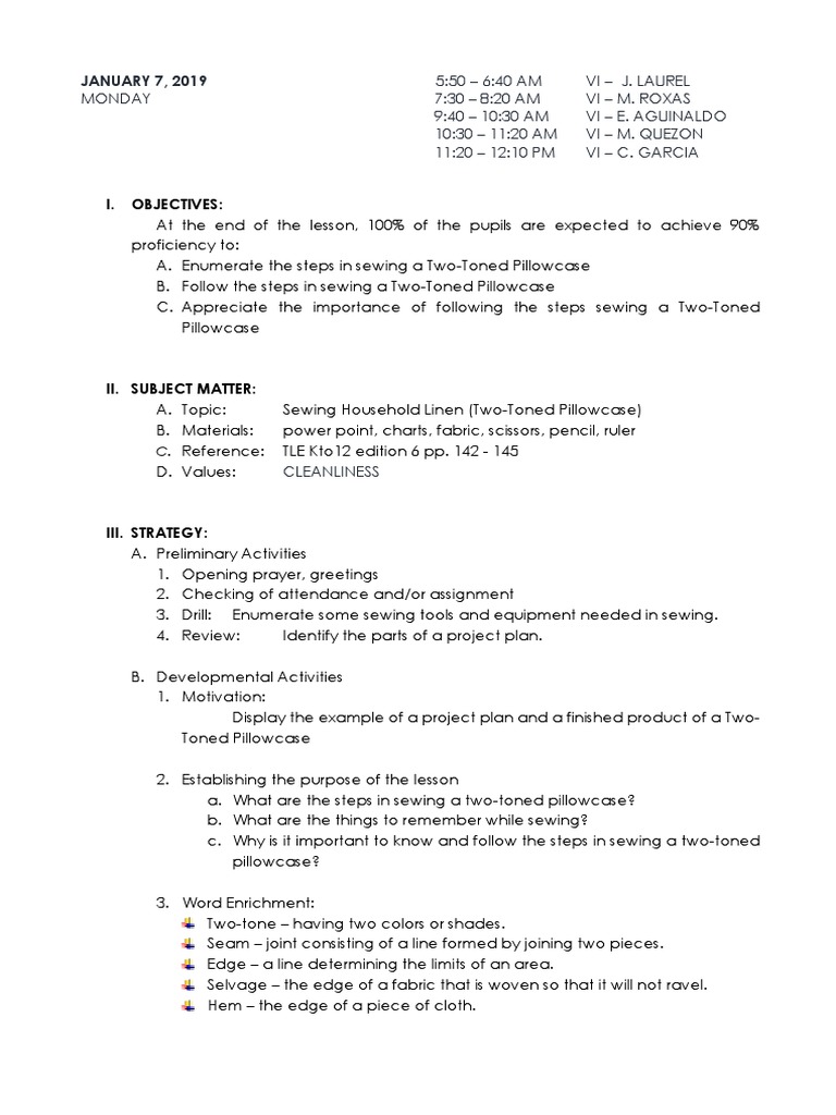 Lesson Plan Sewing PDF Seam (Sewing) Sewing