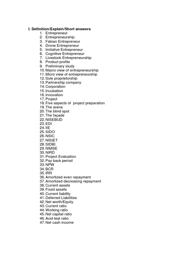 I. Definition/Explain/Short Answers PDF Entrepreneurship Cash