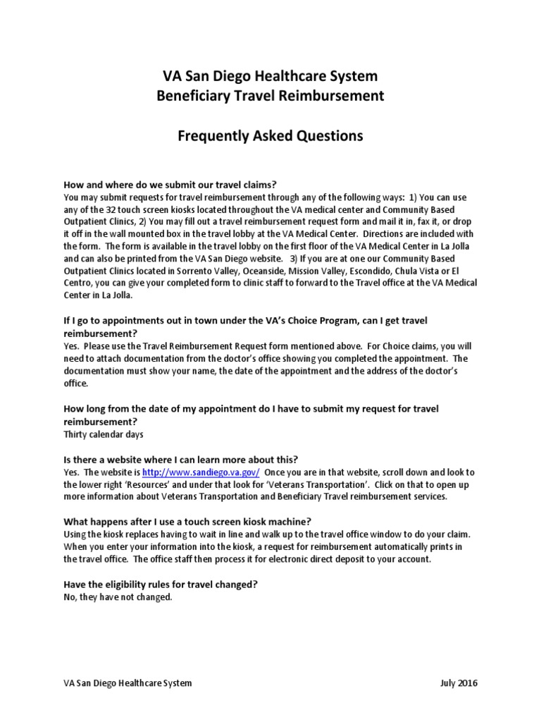 VA San Diego Healthcare System Beneficiary Travel Reimbursement