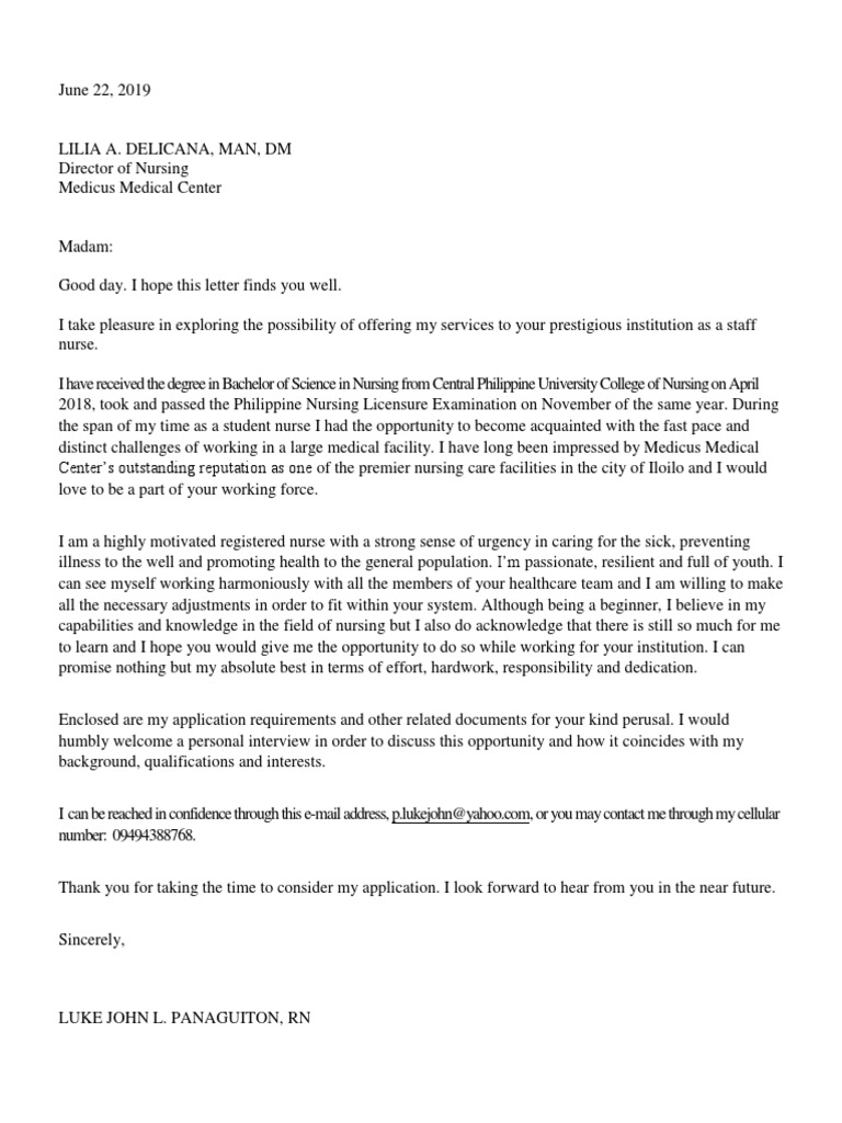 Nurse Application Letter Sample PDF Nursing Health Sciences