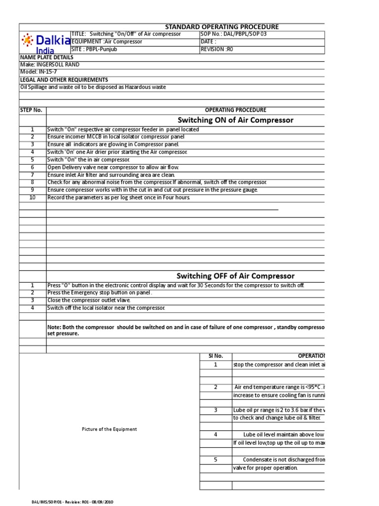03.SOP for Air Compressor Chemical Engineering Energy Technology