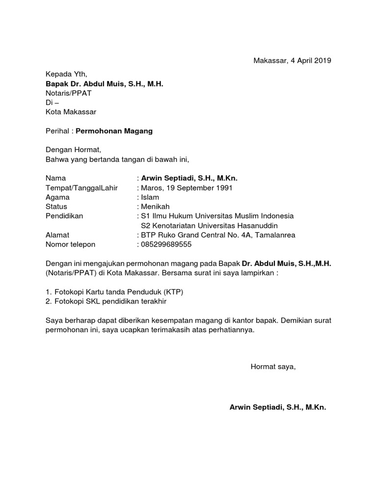 Surat Permohonan Magang Notaris | PDF | Politik | Ilmu Sosial