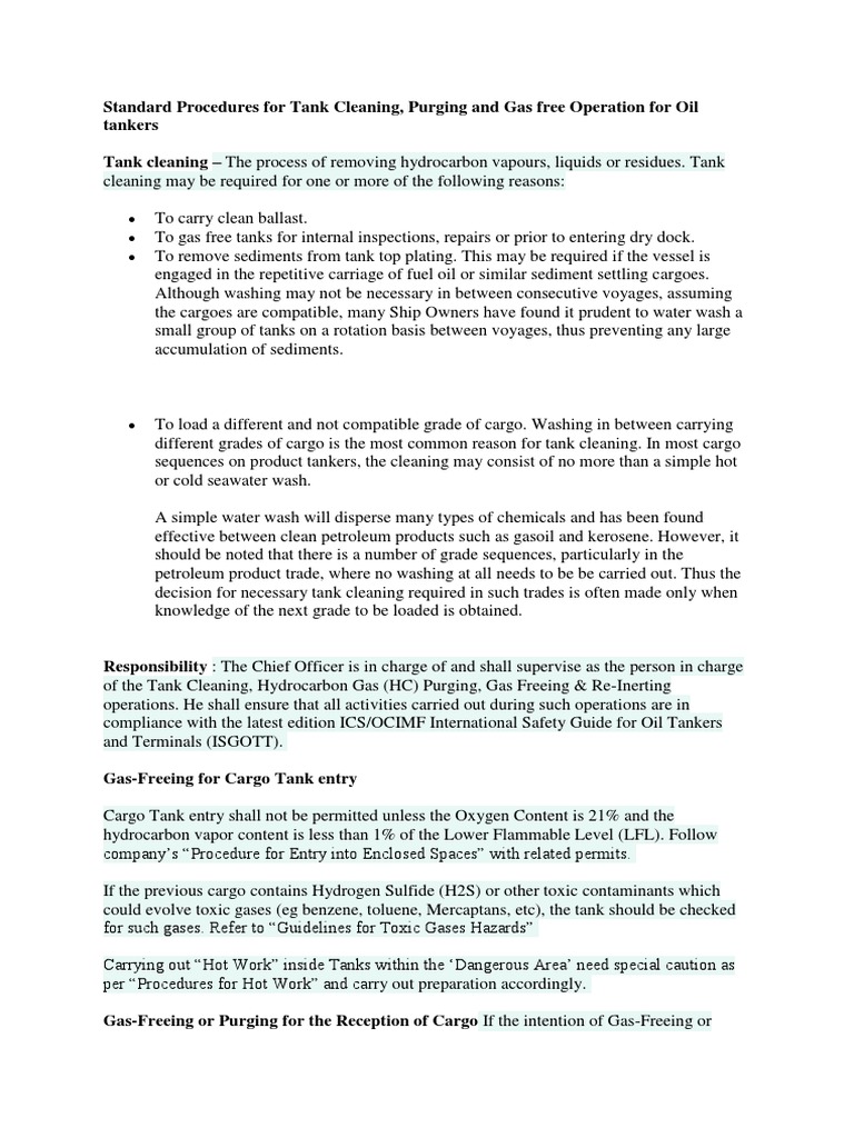Standard Procedures For Tank Cleaning PDF Oil Tanker Petroleum