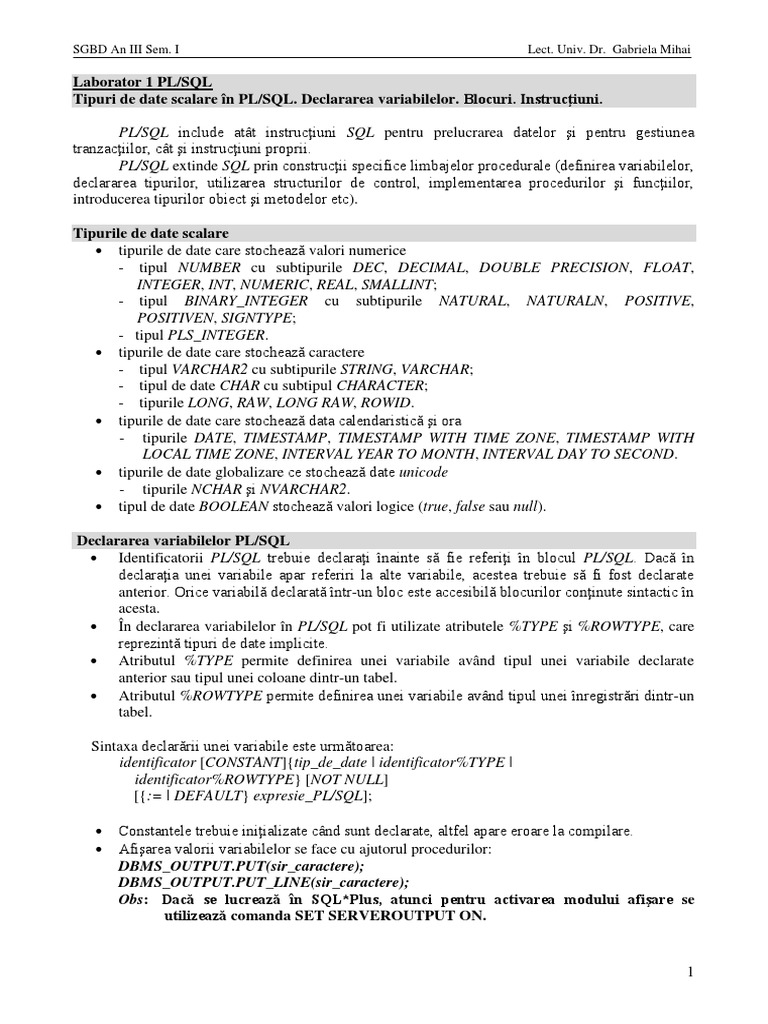 Laborator PLSQL 1 PDF | PDF