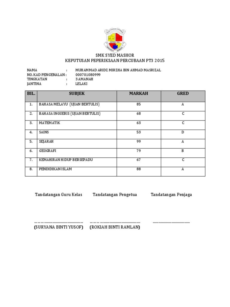 Tamplate Slip Keputusan Peperiksaan Percubaan PT3 2015 PDF