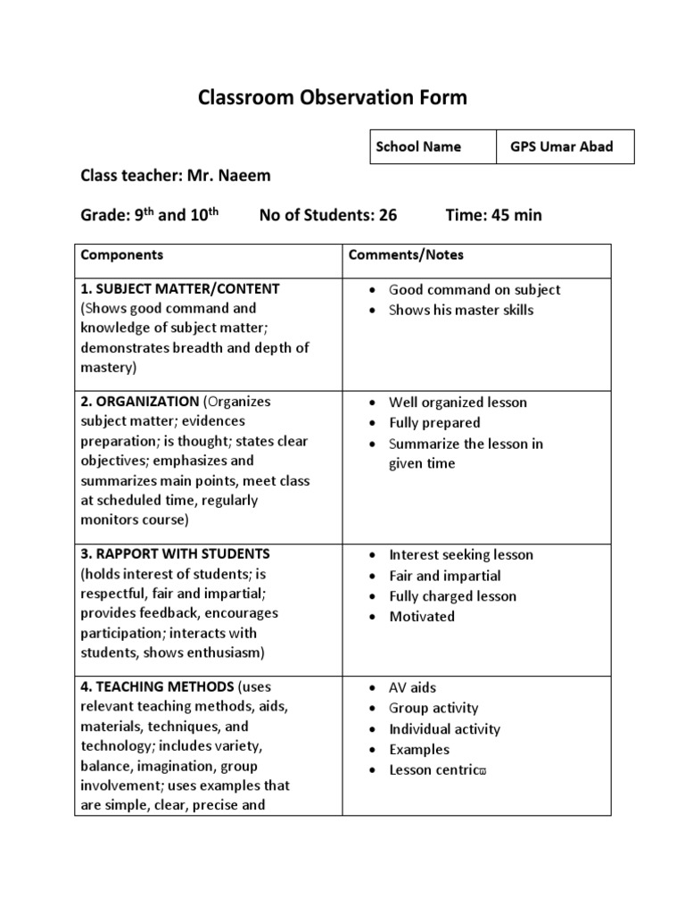 Classroom Observation Form: Class Teacher: Mr. Naeem Grade: 9 and 10 No ...