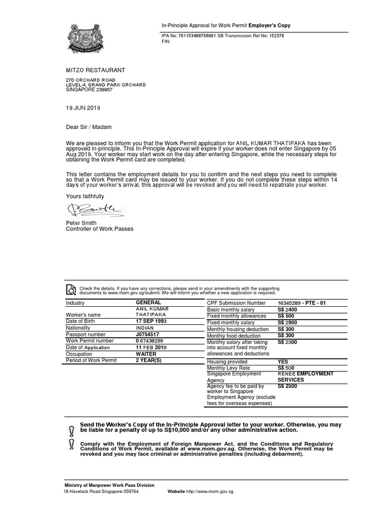 Singapore Work Permit Approval Pdf Employment Government Information