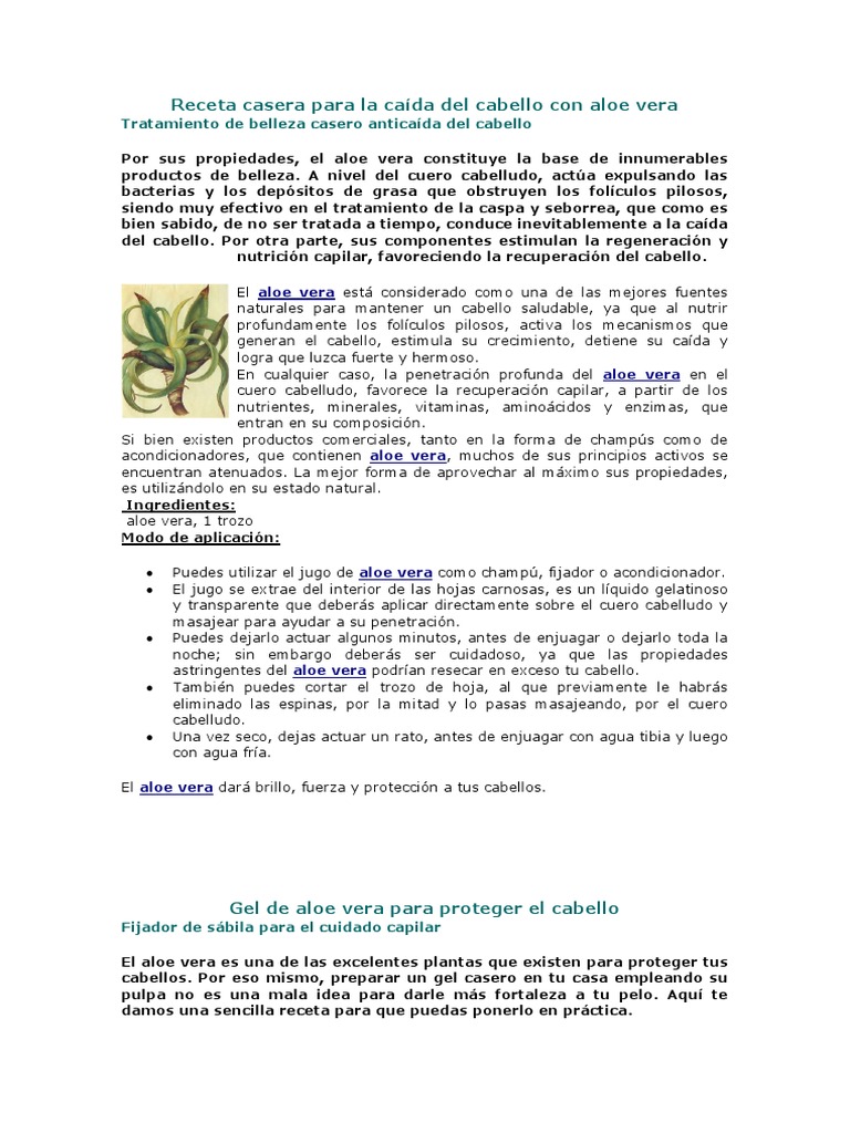 Objetivo Quien Dictado Receta Casera para La Caida Del Cabello Con Aloe Vera | PDF | Aceite de  oliva | Bienestar