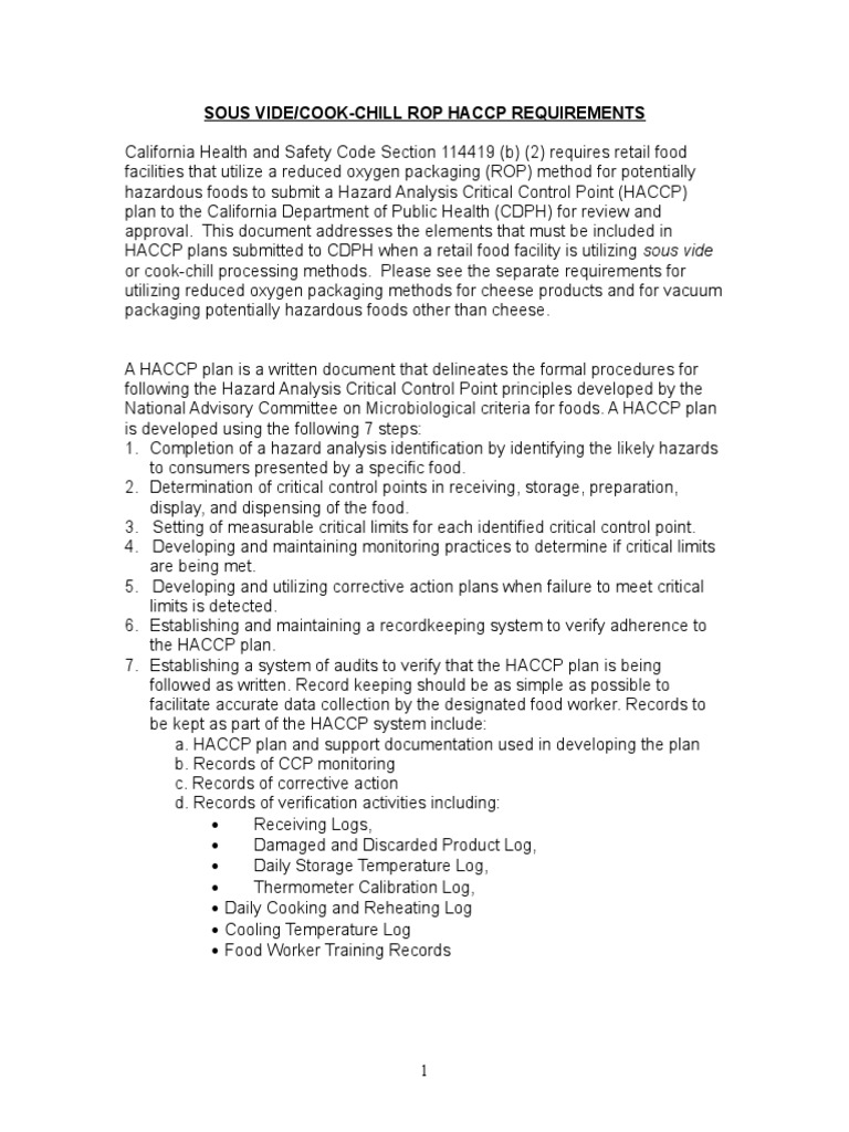 Sous Vide Haccp Checklist Final 111910 1 2 PDF Hazard Analysis