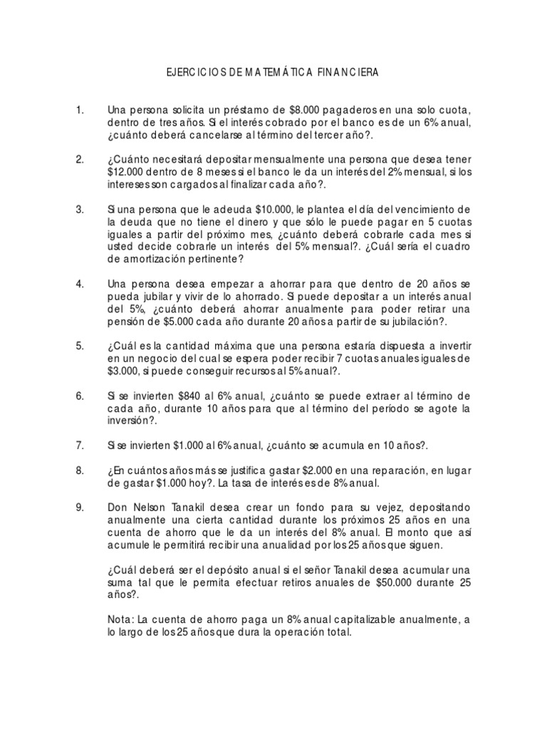 Ejercicios Prácticos de Matemática Financiera | PDF | Interés | Ahorro