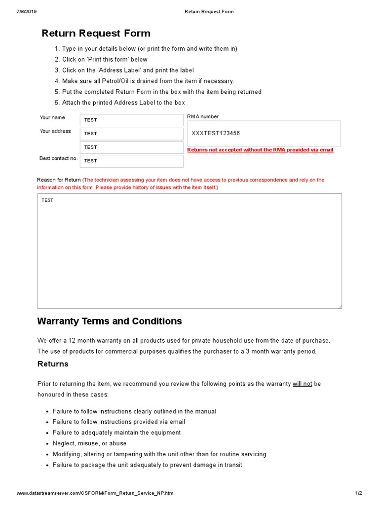 Return Request Form | Business | Free 30-day Trial | Scribd