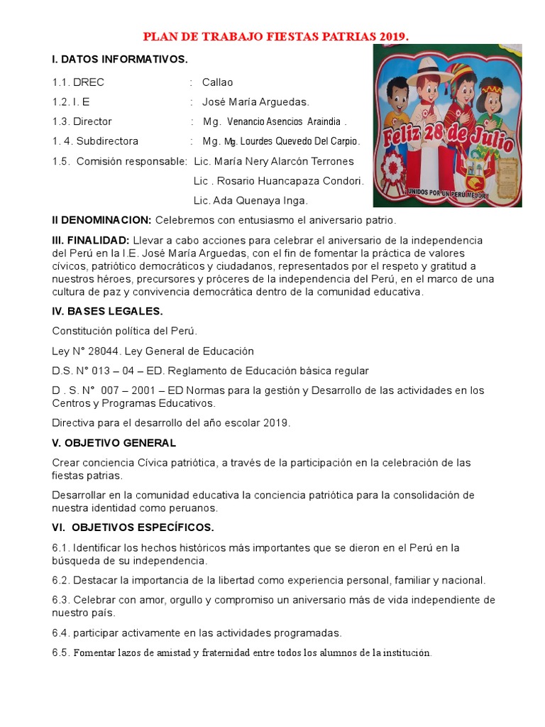 Plan de Fiestas Patrias 2019 PDF Perú Agitación