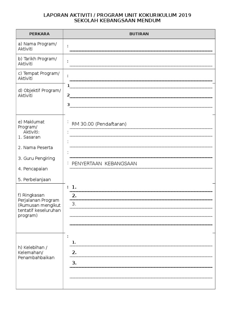 Tapak Laporan Aktiviti Dan Program Kokurikulum 2019 | PDF