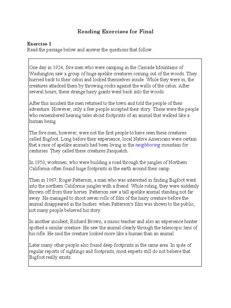 Reading Exercises For Final | PDF | Bigfoot | Nature