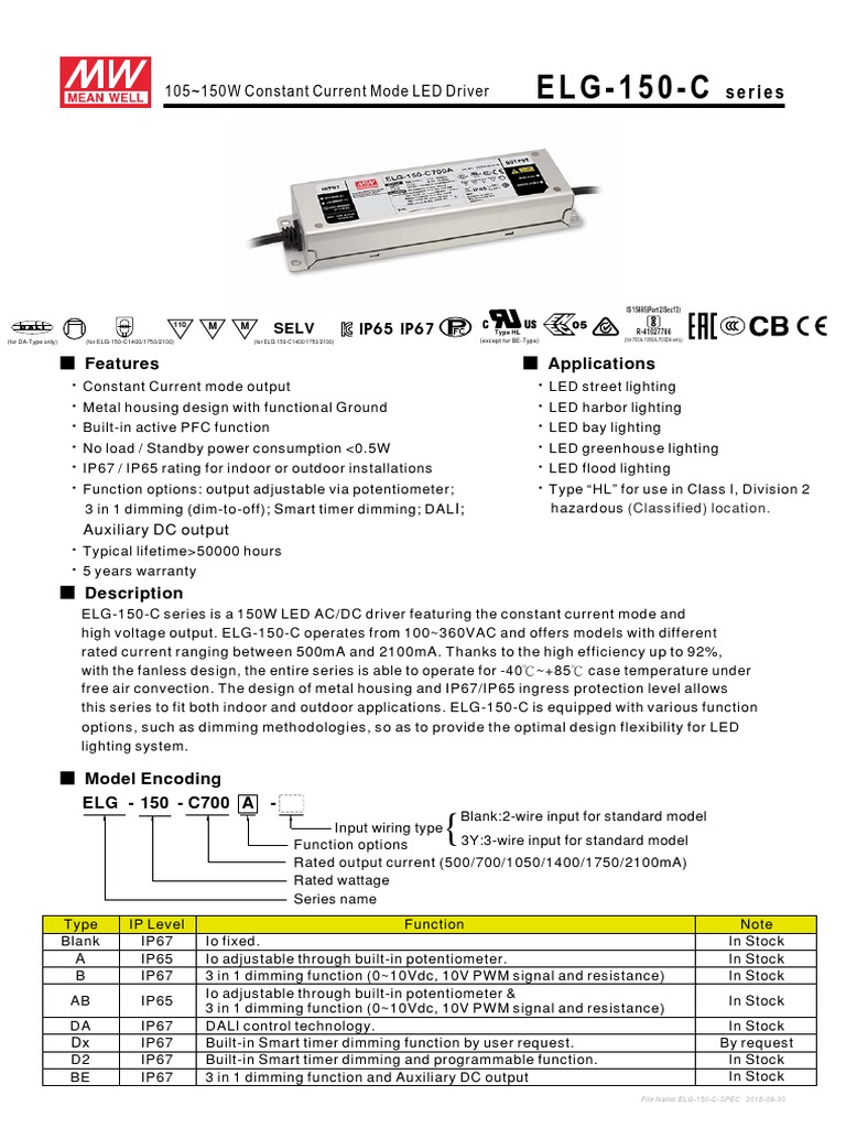 E L G - 1 5 0 - C: 105 150W Constant Current Mode LED Driver | PDF ...