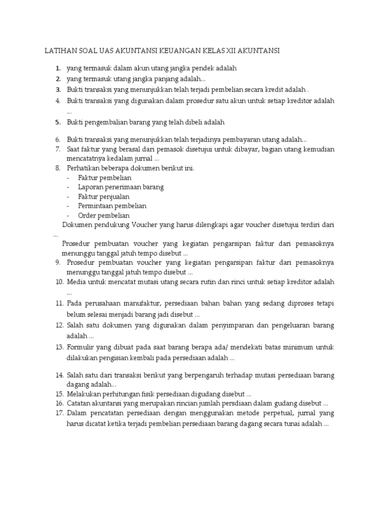 Latihan Soal Uas Akuntansi Keuangan Kelas Xii Akuntansi Pdf