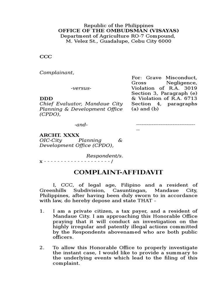 ComplaintAffidavit Office of The Ombudsman (Visayas) PDF Virtue