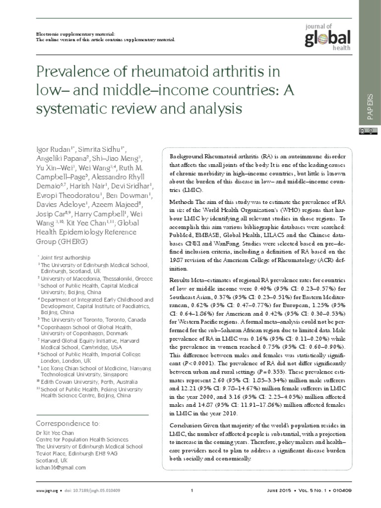 Global: Prevalence of Rheumatoid Arthritis in Low - and Middle-Income ...