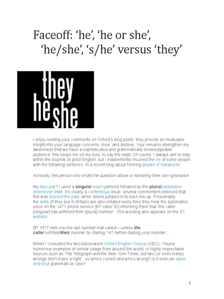 'He' 'She' Versus 'They' | Download Free PDF | Grammatical Number | Plural
