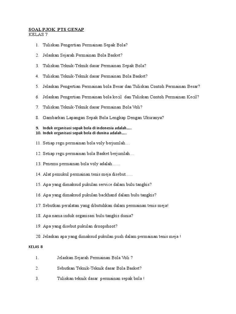Soal Pjok Pts Genap