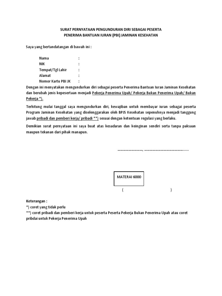 Surat Pernyataan Pengunduran Diri Sebagai Peserta Pbi