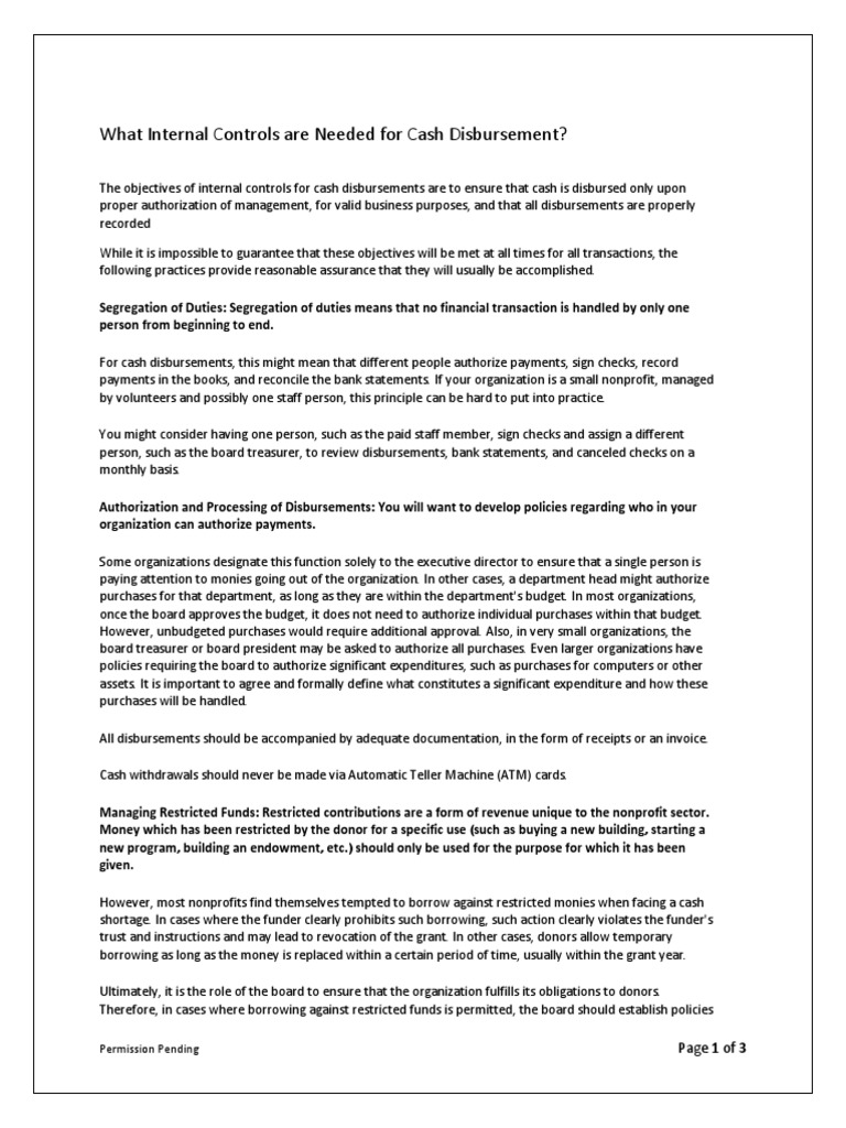 HANDOUT 3 Cash Internal Controls For Cash Disbursment Checklist PDF