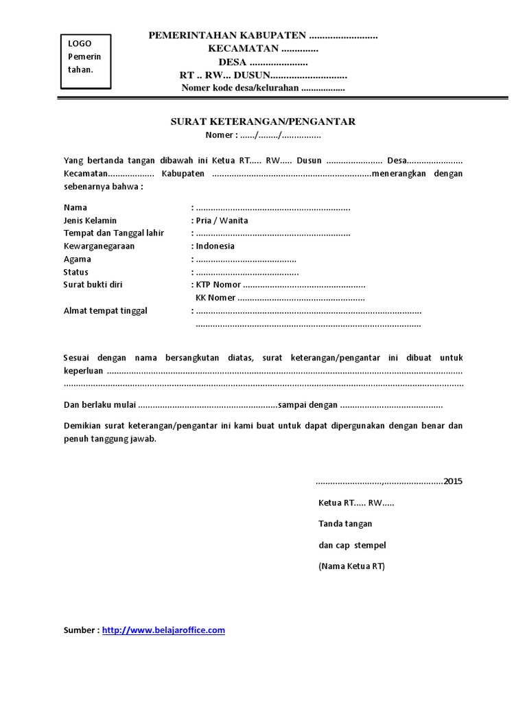 Surat Keterangan Pengantar RT Desa | PDF