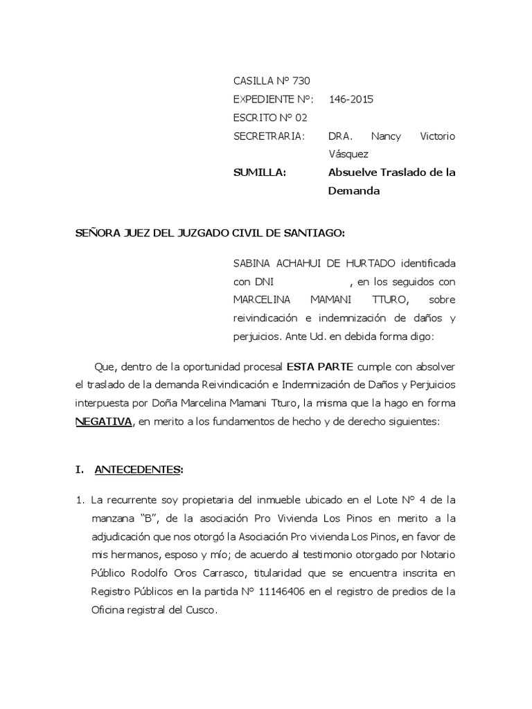 Contestacion de Demanda de Reivindicacion | PDF | Causalidad (Ley ...