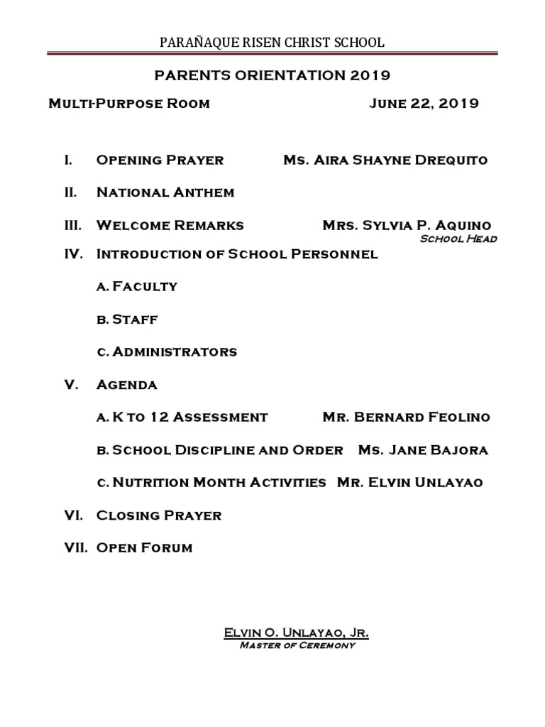 Parents Orientation Agenda 2019 | PDF