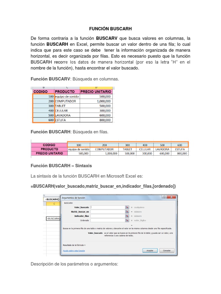 Sintaxis y Uso de BUSCARH en Excel | PDF | Función (Matemáticas ...