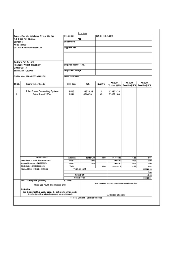 Invoice for Solar Power System Delivery | PDF | Invoice | Economies
