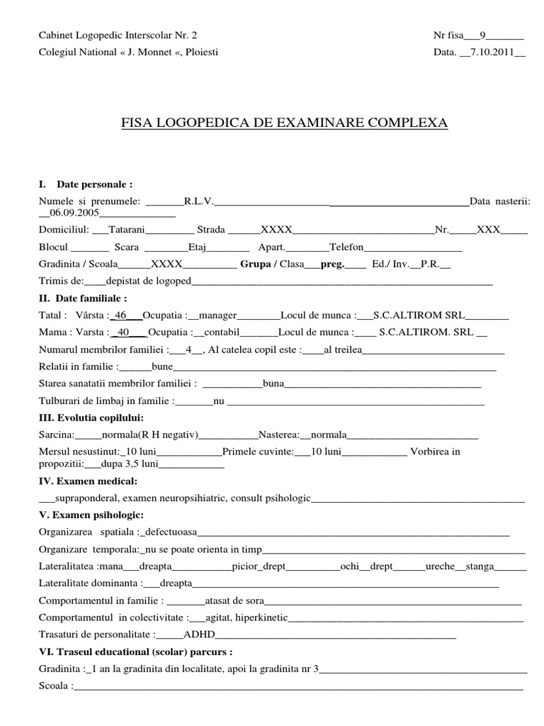 Fisa Logopedica de Examinare Complexa 2 PDF | PDF