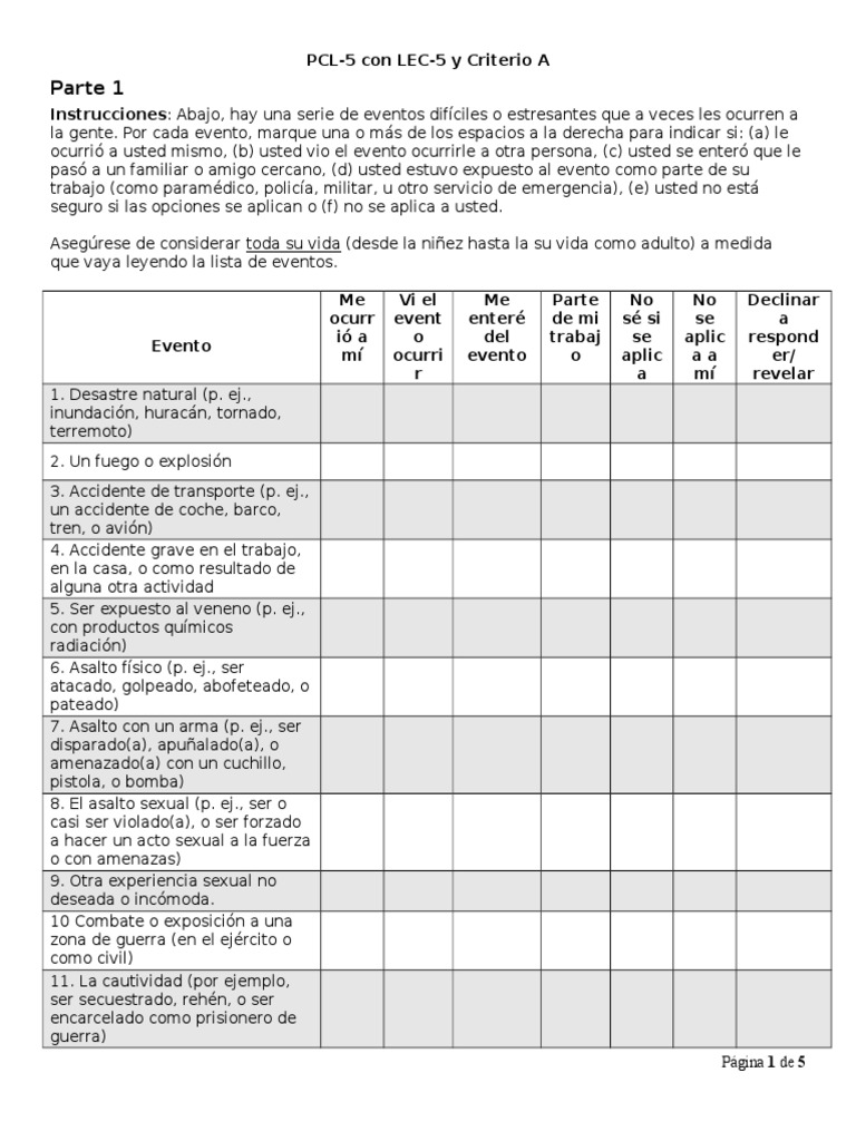 PTSD Checlist For DMS-5 With Life Events Checklist For DSM-5 and ...