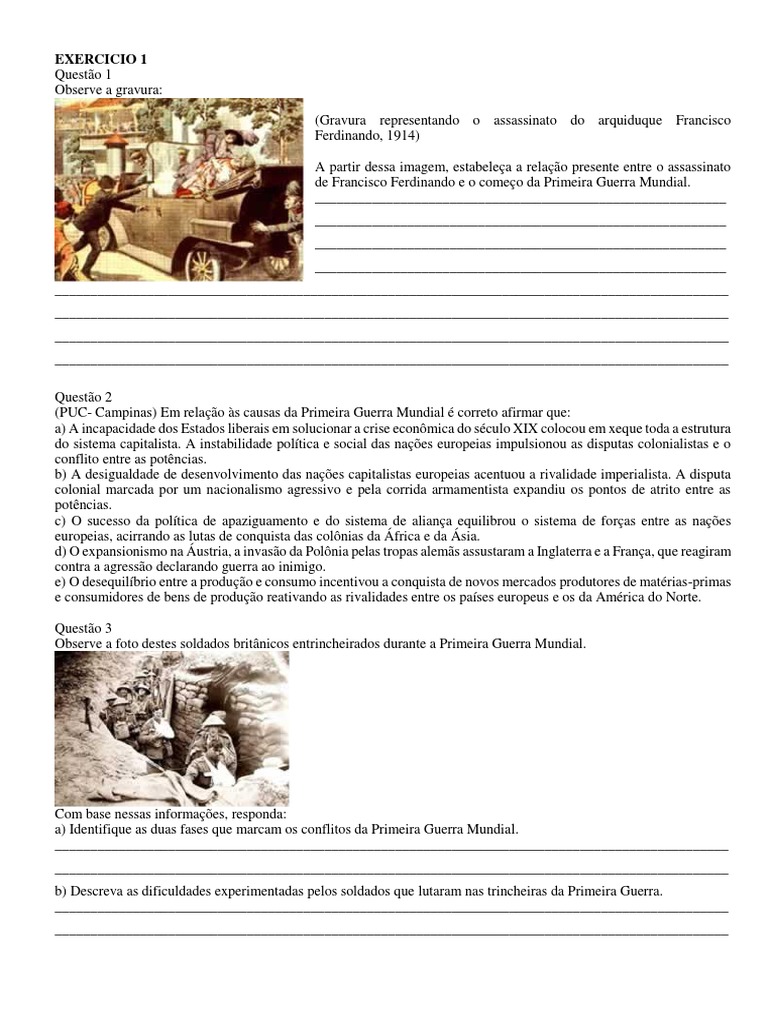 Questões sobre a Primeira Guerra Mundial | PDF | Primeira Guerra ...