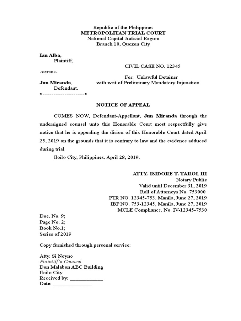 Notice of Appeal in Unlawful Detainer Case | PDF | Politics | Law