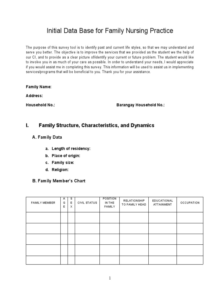 Initial Data Base for Family Nursing | PDF | Nursing | Sanitation
