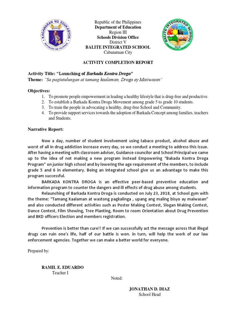 Barkada Kontra Droga Launch Report | PDF | Substance Abuse | Teachers