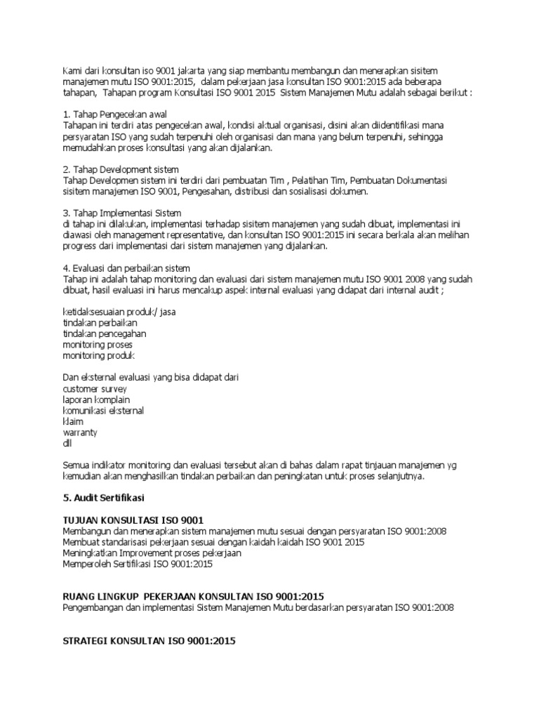 Tahapan Program Konsultasi Iso 9001 2015 Sistem Manajemen Mutu Pdf
