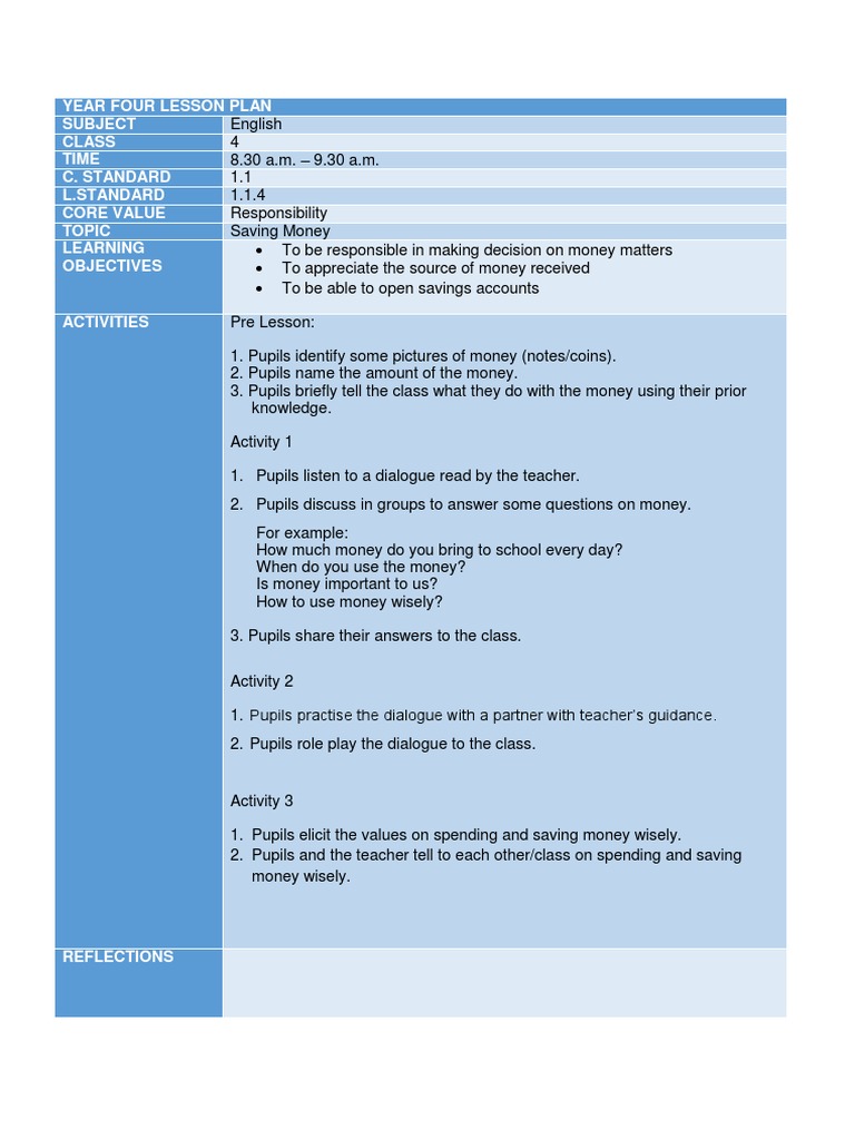 Year Four Lesson Plan Subject Class Time C. Standard L.Standard Core