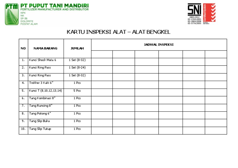 Kartu Inspeksi Alat Bengkel Mobil | PDF