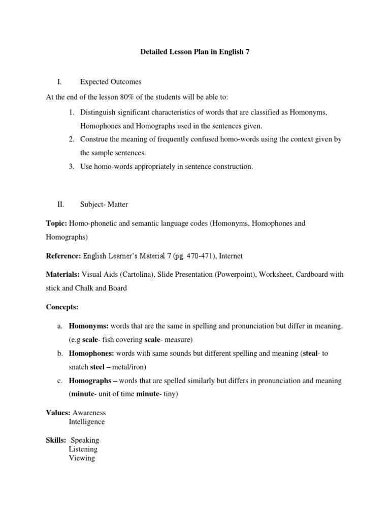 detailed lesson plan in homo words pdf linguistic morphology linguistics