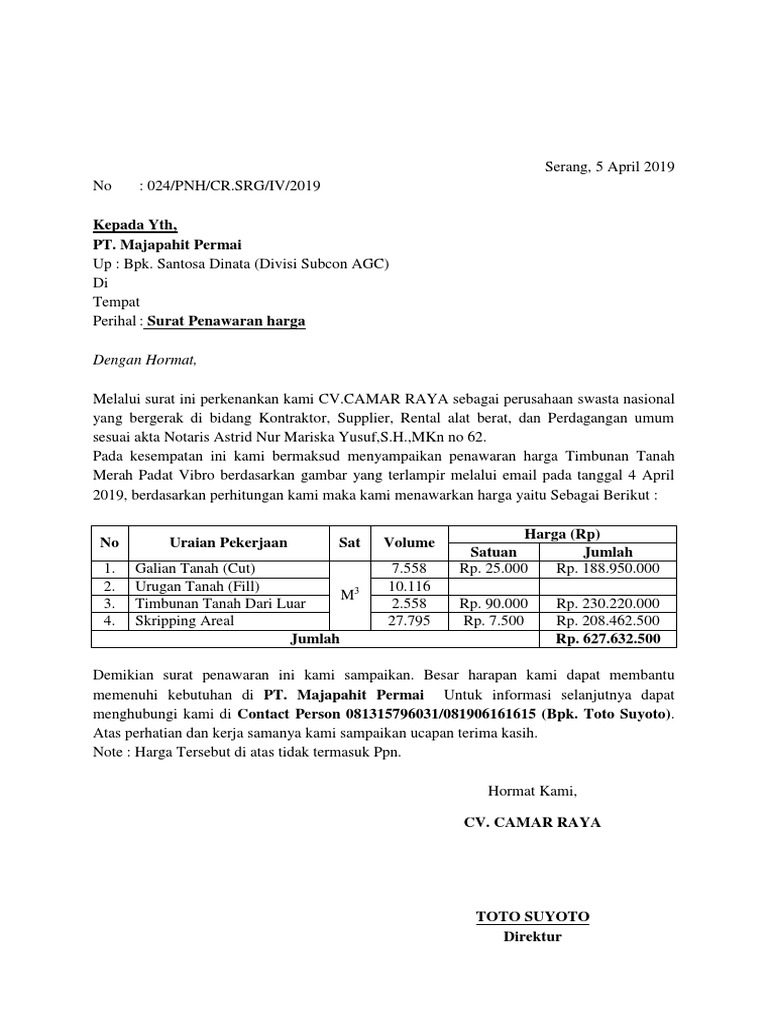 Surat Penawaran Harga Galian Tanah Dan Cut And Fiil Pdf
