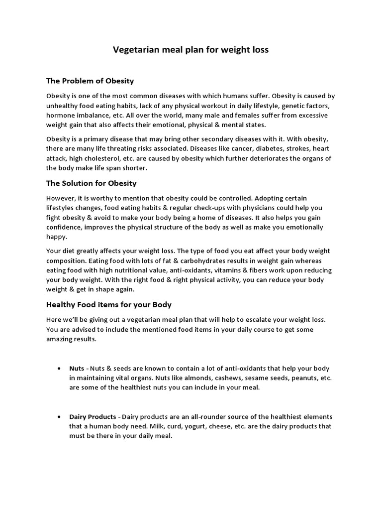 Vegetarian Meal Plan For Weight Loss PDF Obesity Eating