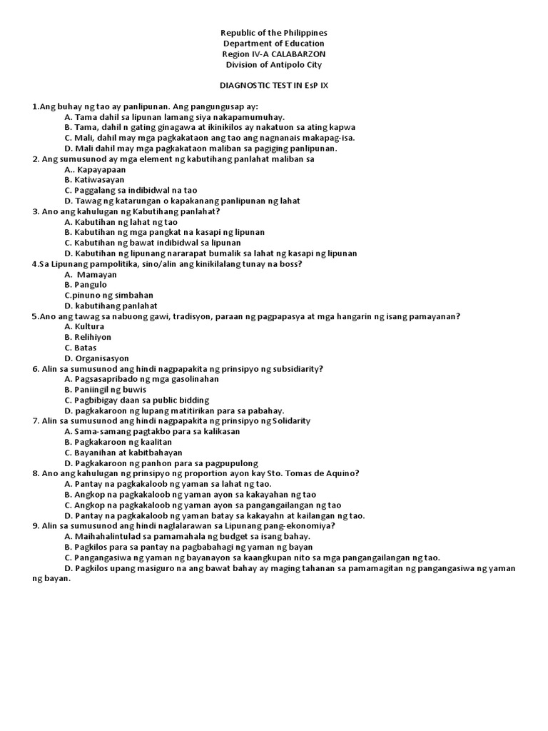 Diagnostic Test in EsP 9 | PDF