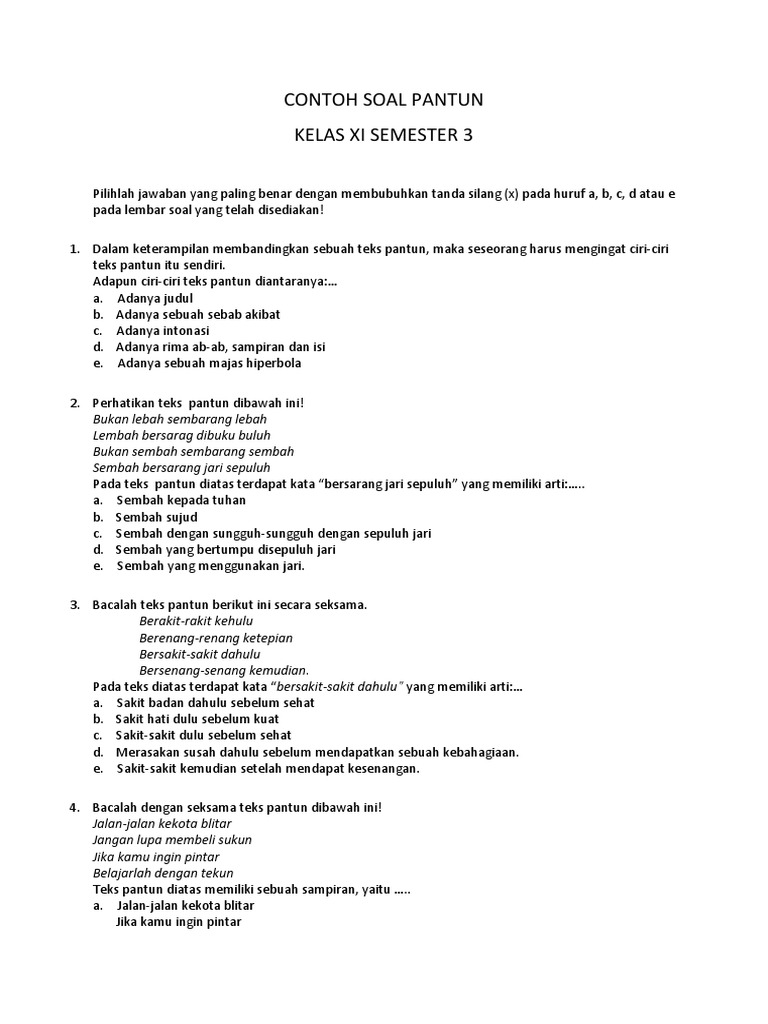 Soal Latihan Pantun Kls 11 Smt1