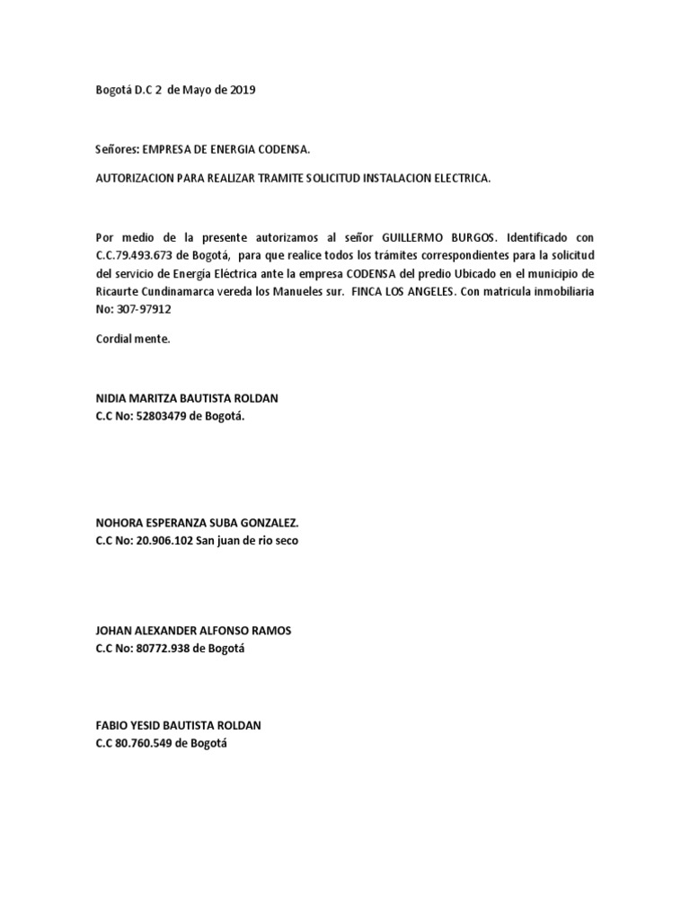 Carta de autorizacion para codensa